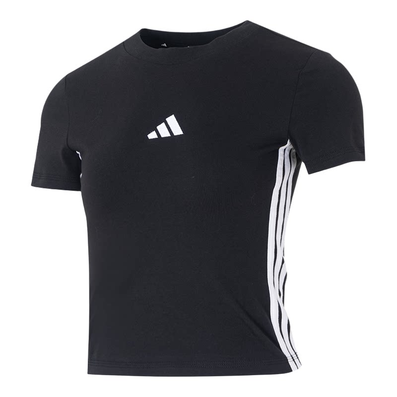 阿迪达斯短袖女装修身短款运动T恤女款黑色衣服夏季新款半袖上衣