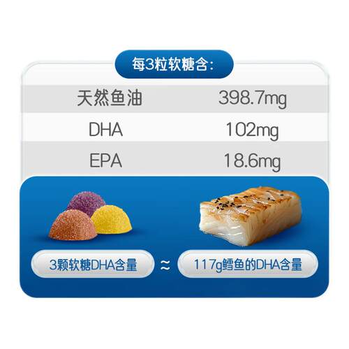 【自营】佳思敏儿童dha三色鱼油软糖青少年补脑鱼肝油藻油60粒*4