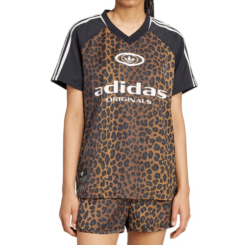 adidas阿迪达斯三叶草豹纹印花V领半袖夏女Y2K短袖T恤 KA2671