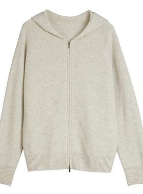 【100%绵羊毛】ELLE连帽毛衣开衫女2025秋季新款简约气质毛针织衫