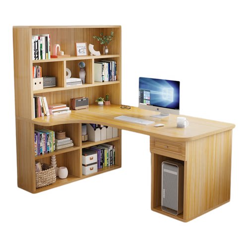 实木转角书桌书架组合一体电脑桌