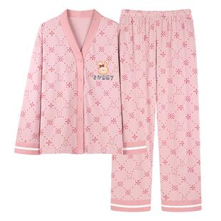 三枪秋季 甜美兔子印花超柔软家居服 纯棉睡衣女V领开襟家居服套装