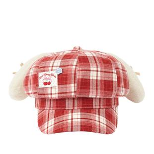 畹町圣诞红格纹八角帽女秋冬氛围感萌趣毛绒带耳朵帽子报童画家帽