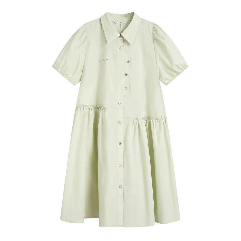 紫涵不规则绿色衬衫连衣裙女夏季新款减龄花边泡泡袖宽松显瘦短裙