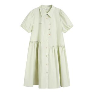 紫涵不规则绿色衬衫 新款 减龄花边泡泡袖 宽松显瘦短裙 连衣裙女夏季