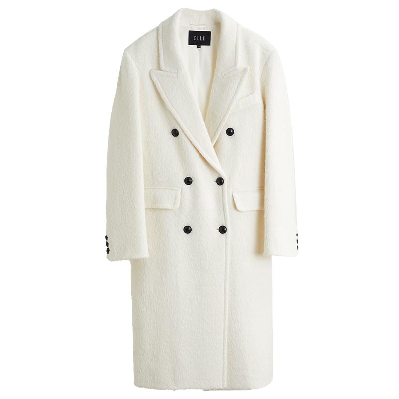 米白色中长款毛呢外套ELLE小众