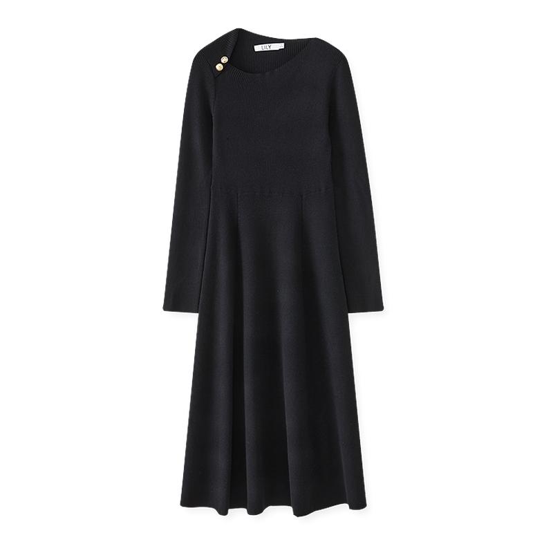 LILY显瘦收腰设计感黑色连衣裙