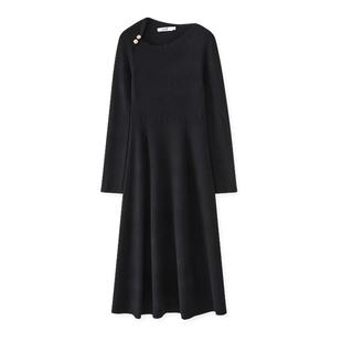 LILY2025冬新款 连衣裙女 含羊毛设计感收腰气质黑色显瘦A字长袖