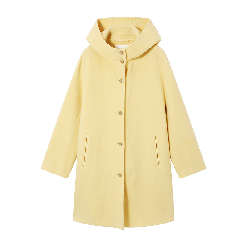 URLAZH有兰秋季新款简约时尚奶呼呼鹅黄色羊毛连帽休闲大衣外套女