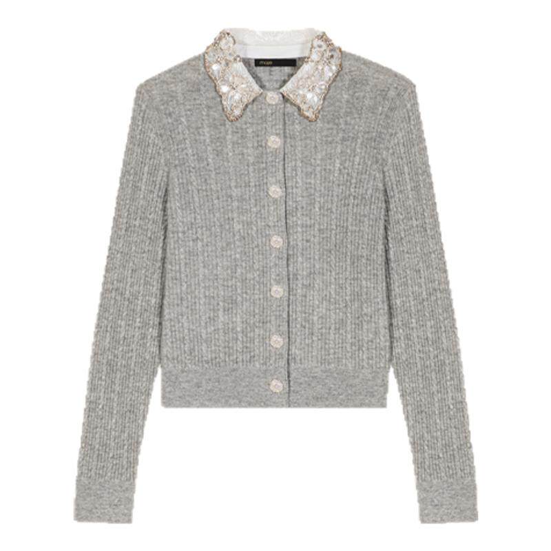 Maje2025秋冬女装法式绵羊毛灰色仿钻装饰领绞花修身短款针织衫,女装/女士精品,毛针织衫,淘宝优惠券,粉丝福利购,淘宝优惠卷