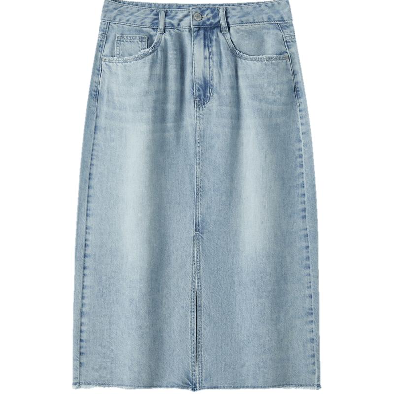 森馬毛邊開叉直筒牛仔半身裙女