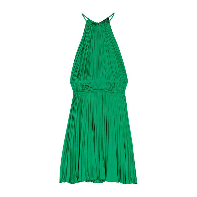 Maje2025春夏女装法式时尚绿色挂脖露背无袖圆领短款百褶连衣裙