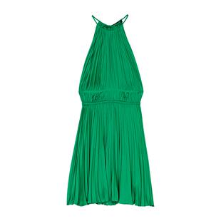 圆领短款 Maje2025春夏女装 绿色挂脖露背无袖 时尚 百褶连衣裙 法式
