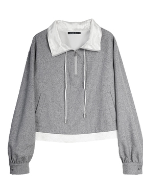 ELLE灰色绵羊毛撞色抽绳卫衣女2025秋新款优雅慵懒设计感宽松上衣