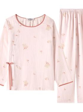 美标新款长袖纯棉睡衣套装女春秋双层棉纱复古中国风全棉家居服冬