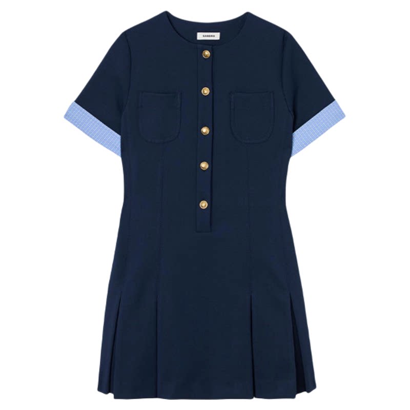 季末6折SANDRO2025秋冬女装法式简约深蓝色拼接格纹袖压褶连衣裙