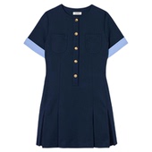 末6折SANDRO2025秋冬新款 女装 法式 季 深蓝色拼接格纹袖 压褶连衣裙