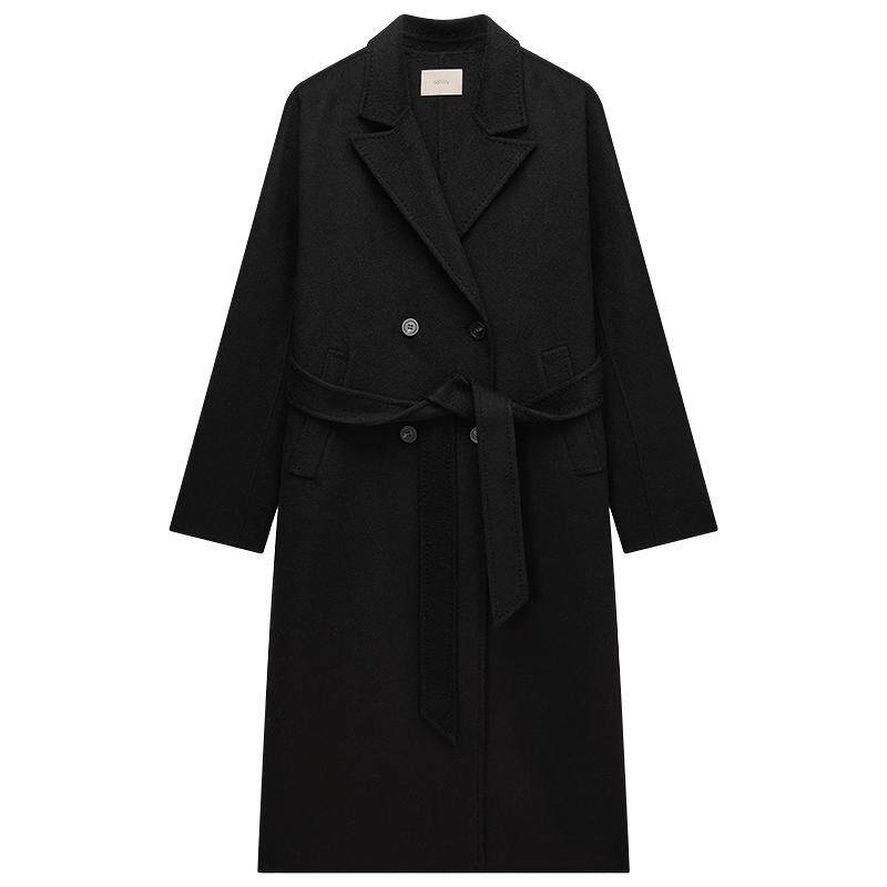 【季末折扣】欧时力羊毛双面呢排扣大衣外套驳领腰带复古2025秋冬