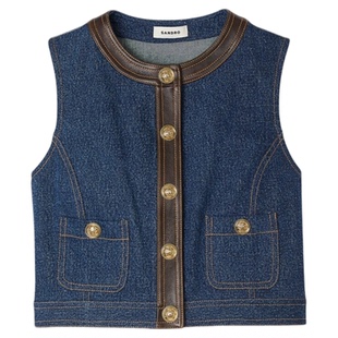 拼接皮革撞色纽扣短款 法式 牛仔马甲 末7折SANDRO2025秋冬女装 季