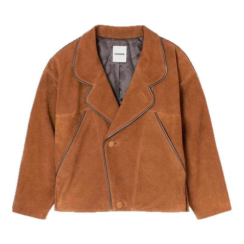 SANDRO女装法式机车风羊皮革外套