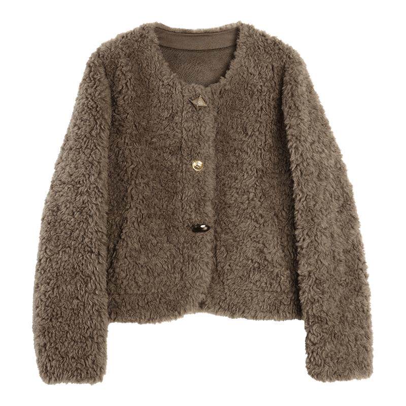 【100%绵羊毛】ELLE咖色复古毛绒短外套2025冬小香风羊羔