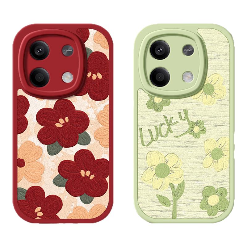 米底红花适用红米note14手机壳小米note13pro新款11女12pro+油画turbo3/note10redmi9防摔高级13c小羊皮软壳