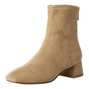 百丽画廊假日加绒时装 弹力靴反绒面粗高跟显瘦瘦短靴子BBWB1DZ5