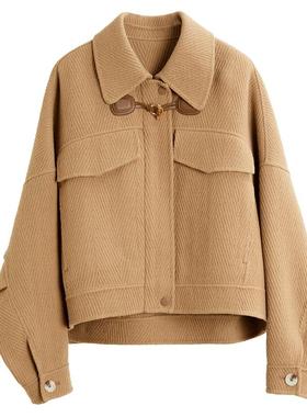 ELLE法式高级感宽松翻领短款毛呢外套女2025冬装新款气质呢子大衣