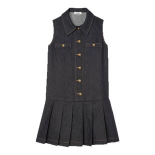 棉质深蓝色短款 时尚 牛仔百褶连衣裙 末7折SANDRO2025秋冬女装 季