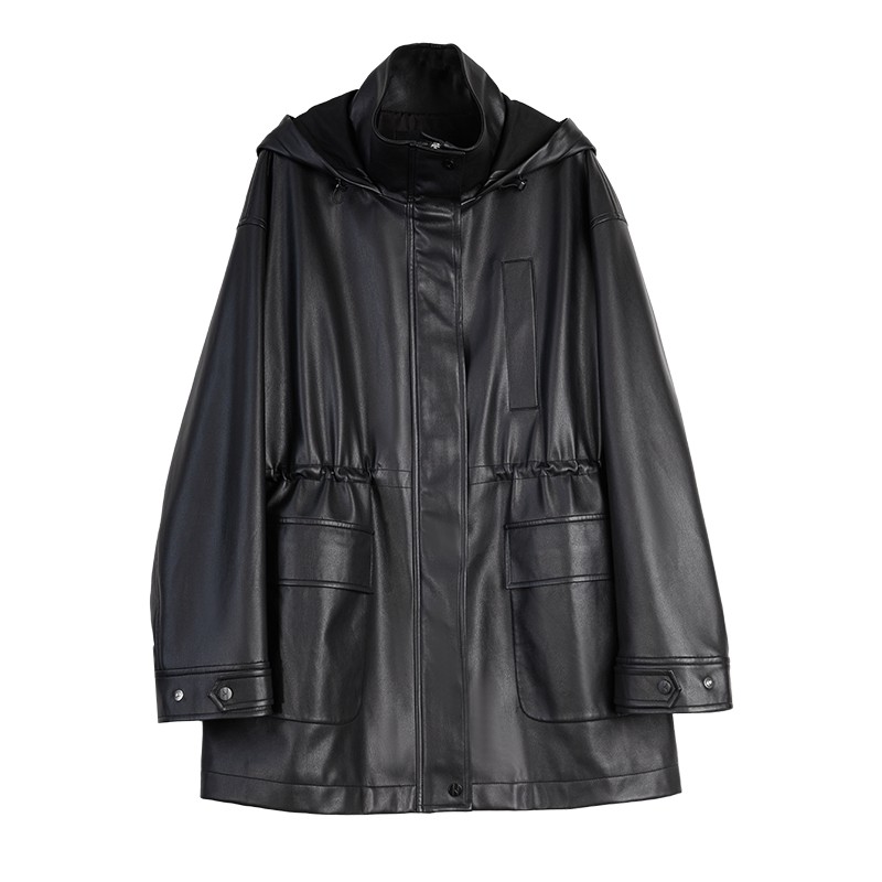 ELLE摩登连帽皮风衣外套女2025秋新款防风廓形高级感宽松通勤