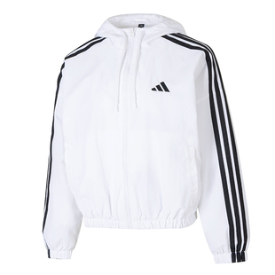 阿迪达斯女装春季新款经典条纹梭织连帽运动宽松夹克外套JZ2161