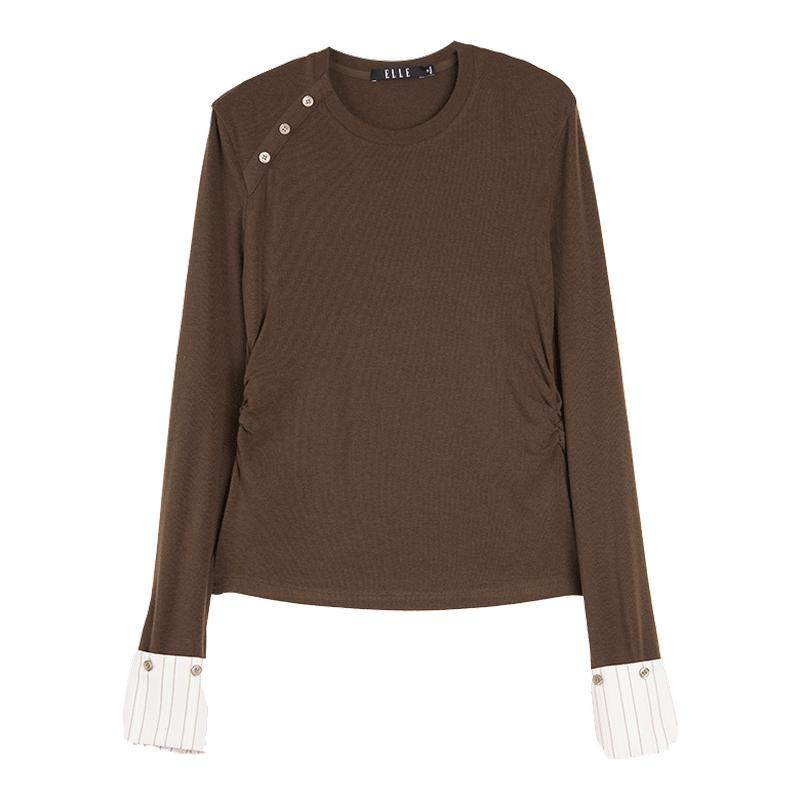 ELLE绵羊毛撞色正肩T恤女2025秋新款简约时尚设计感内搭休闲上衣,女装/女士精品,T恤,淘宝优惠券,粉丝福利购,淘宝优惠卷