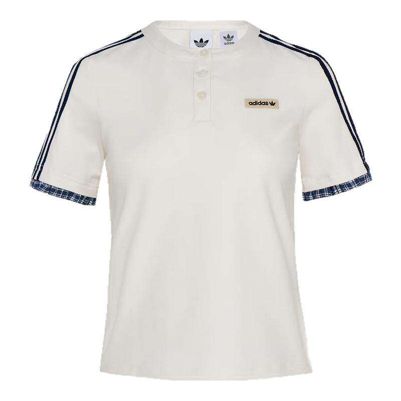 adidas阿迪达斯三叶草格子呢短袖polo衫夏女修身半袖T恤 