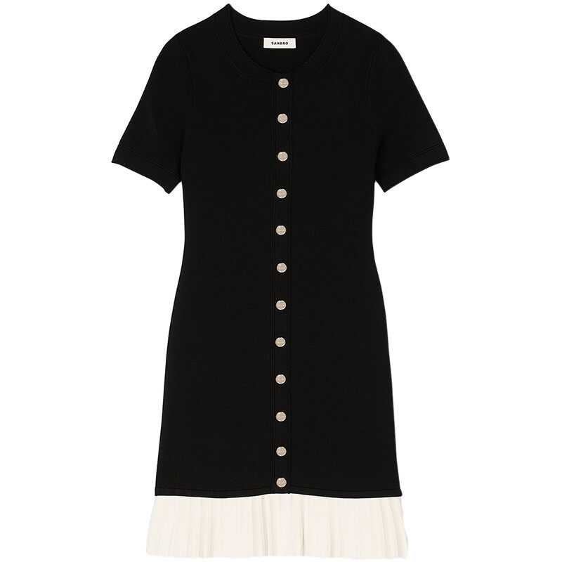 SANDRO2025秋冬经典款女装法式气质时尚黑白撞色百褶连衣裙短裙