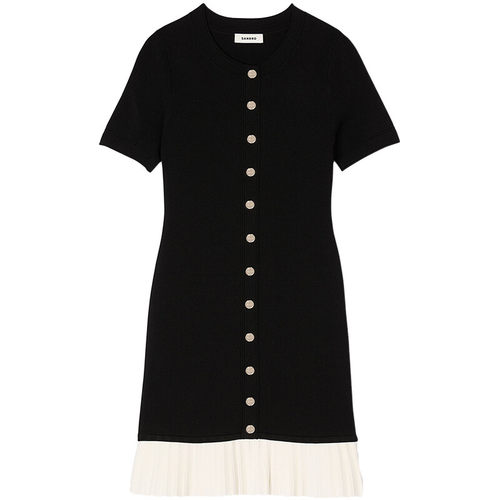 SANDRO扣饰黑白撞色百褶连衣裙