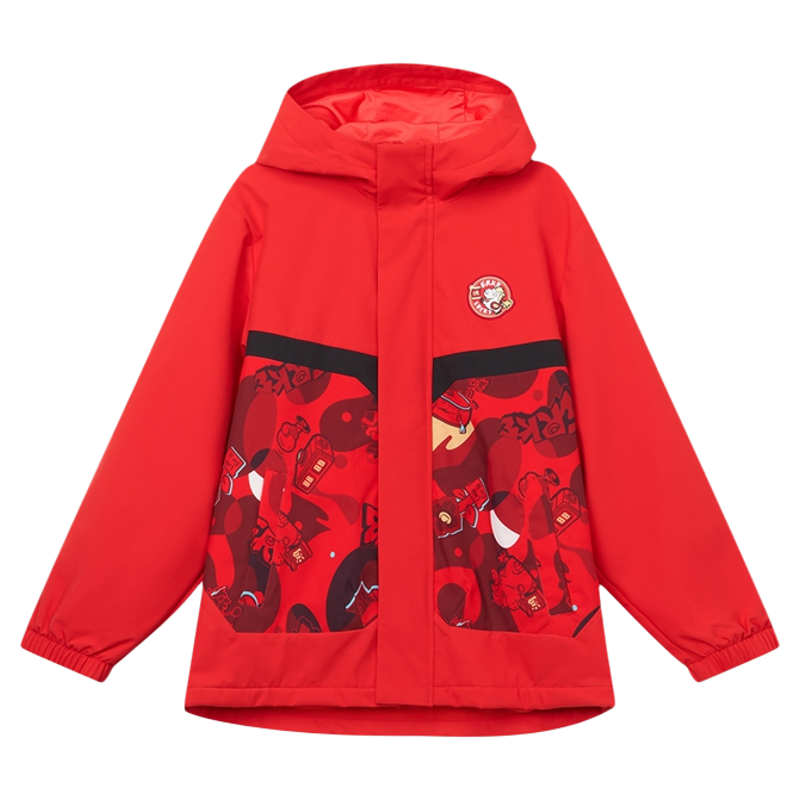 鸿星尔克童装新年红色外套儿童运动服加绒风衣秋冬款男童防风上衣