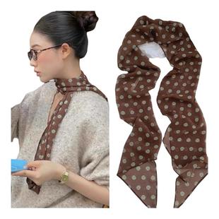 法式棕色波点丝巾女韩版ins高级感时尚百搭配饰系脖绑发长条围巾