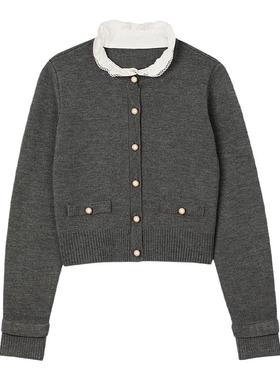 SANDRO2025秋冬新款女装迪木尔风甜美法式灰色镂空花边领针织开衫