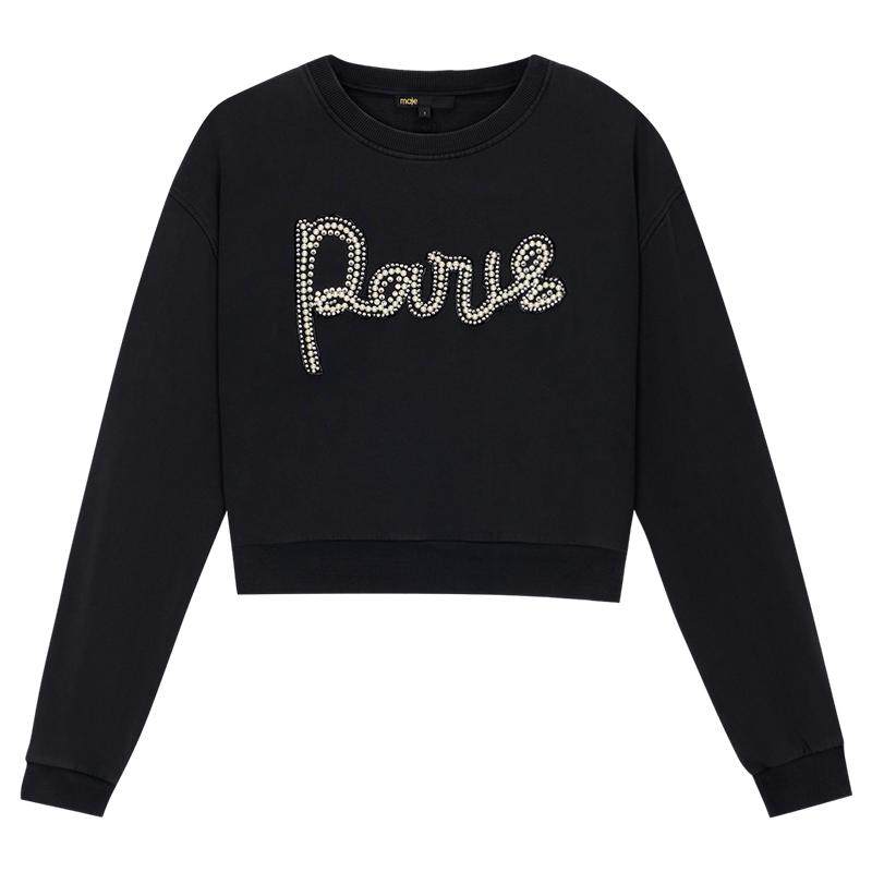 Maje2025秋冬女装法式复古深灰色字母仿钻装饰圆领短款针织上衣,女装/女士精品,毛针织衫,淘宝优惠券,粉丝福利购,淘宝优惠卷