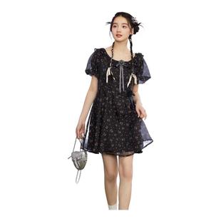 甜美风休闲收腰显瘦A字伞裙 紫涵设计感短袖 连衣裙女夏季 新款 法式