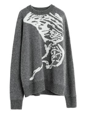 ELLE灰色宽松慵懒风圆领宽松毛衣女2025冬装新款复古套头毛针织衫