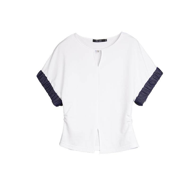 ELLE法式撞色拼接收腰短袖女2025夏季新款设计感打褶简约T恤