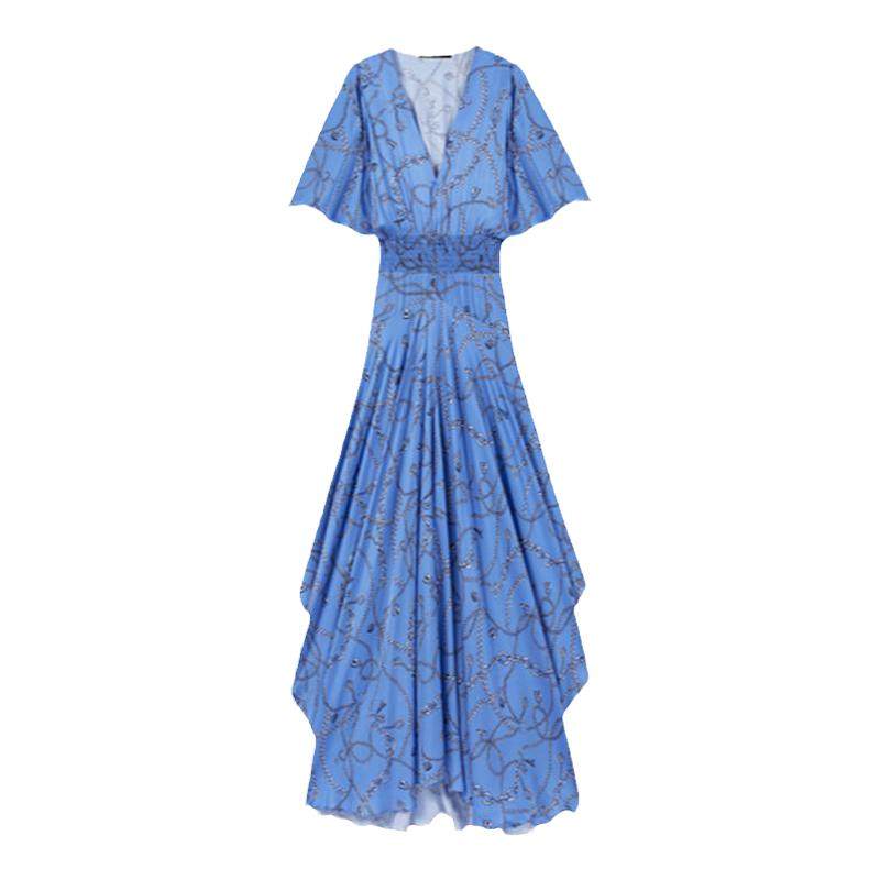 Maje秋冬女装波嬉风法式简约优雅复古印花V领修身收腰连衣裙长裙