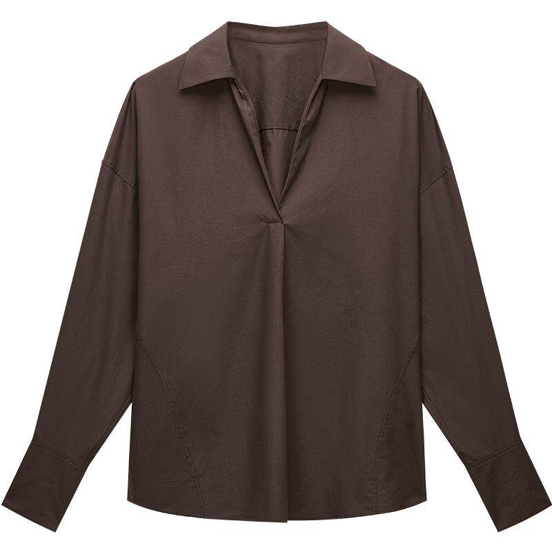 OCHIRLY欧时力  纯棉V字翻领中长款衬衫上衣流行防晒空调衫