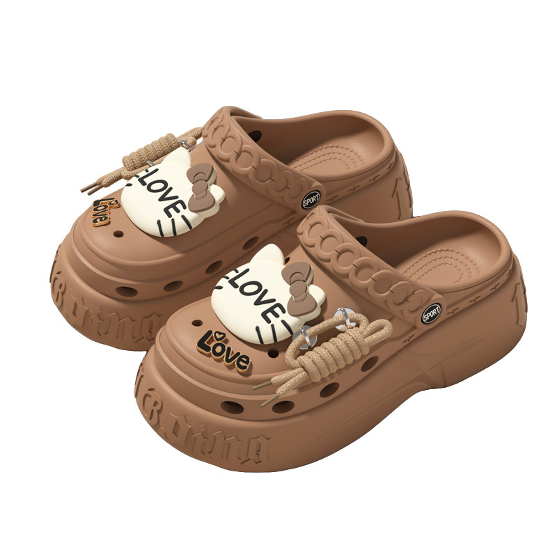 可爱凯蒂猫洞洞鞋女2025新款夏季沙滩海边厚底防滑外穿增高凉拖鞋