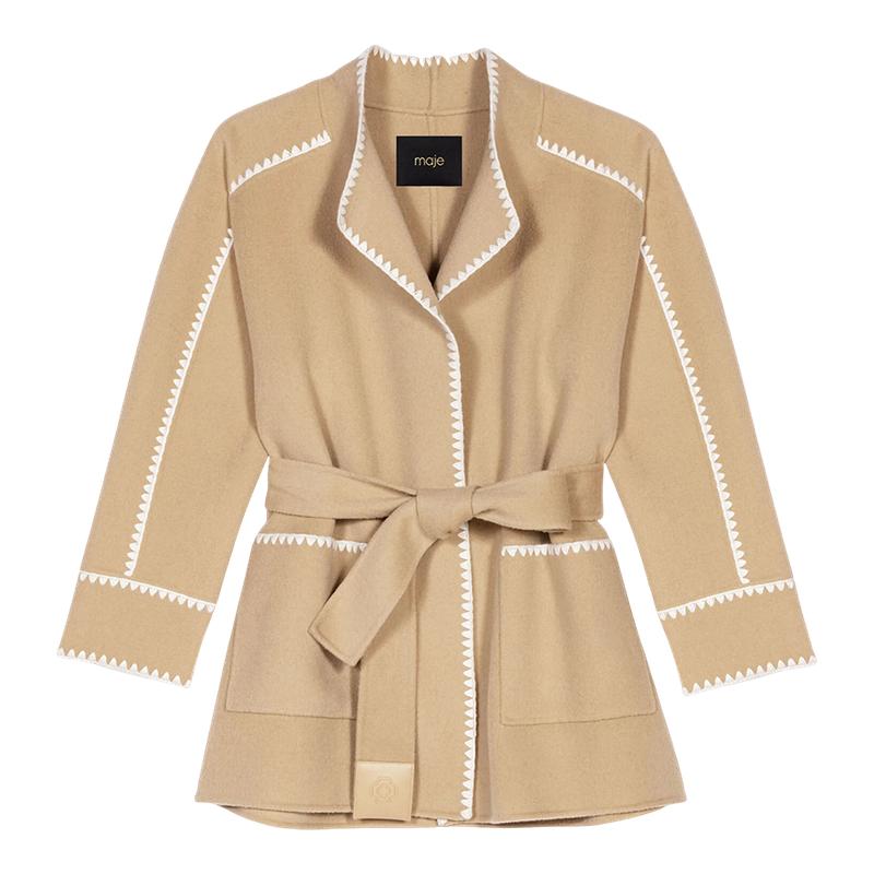 时尚白色缝线装饰 气质系带收腰款式