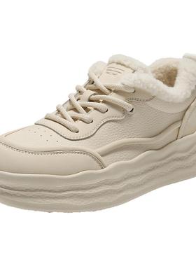 百丽厚底高帮小白板鞋女鞋冬季新款加绒棉鞋保暖毛毛板鞋E6J1DDM5