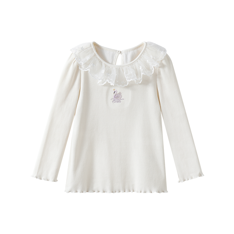 嫚熙童装洋气长袖T恤女宝宝婴童蕾丝儿童花边领上衣女童2025新款