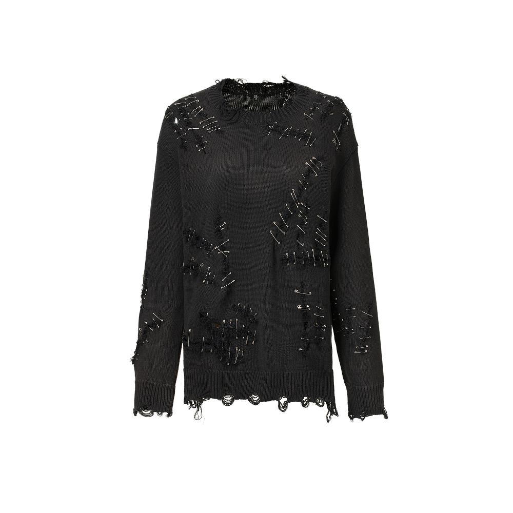 R13秋冬金属装饰宽松破洞针织衫