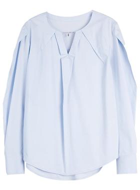 【高智淡人】ELLE蓝色v领短衬衫女2025秋新款极简通勤风休闲衬衣